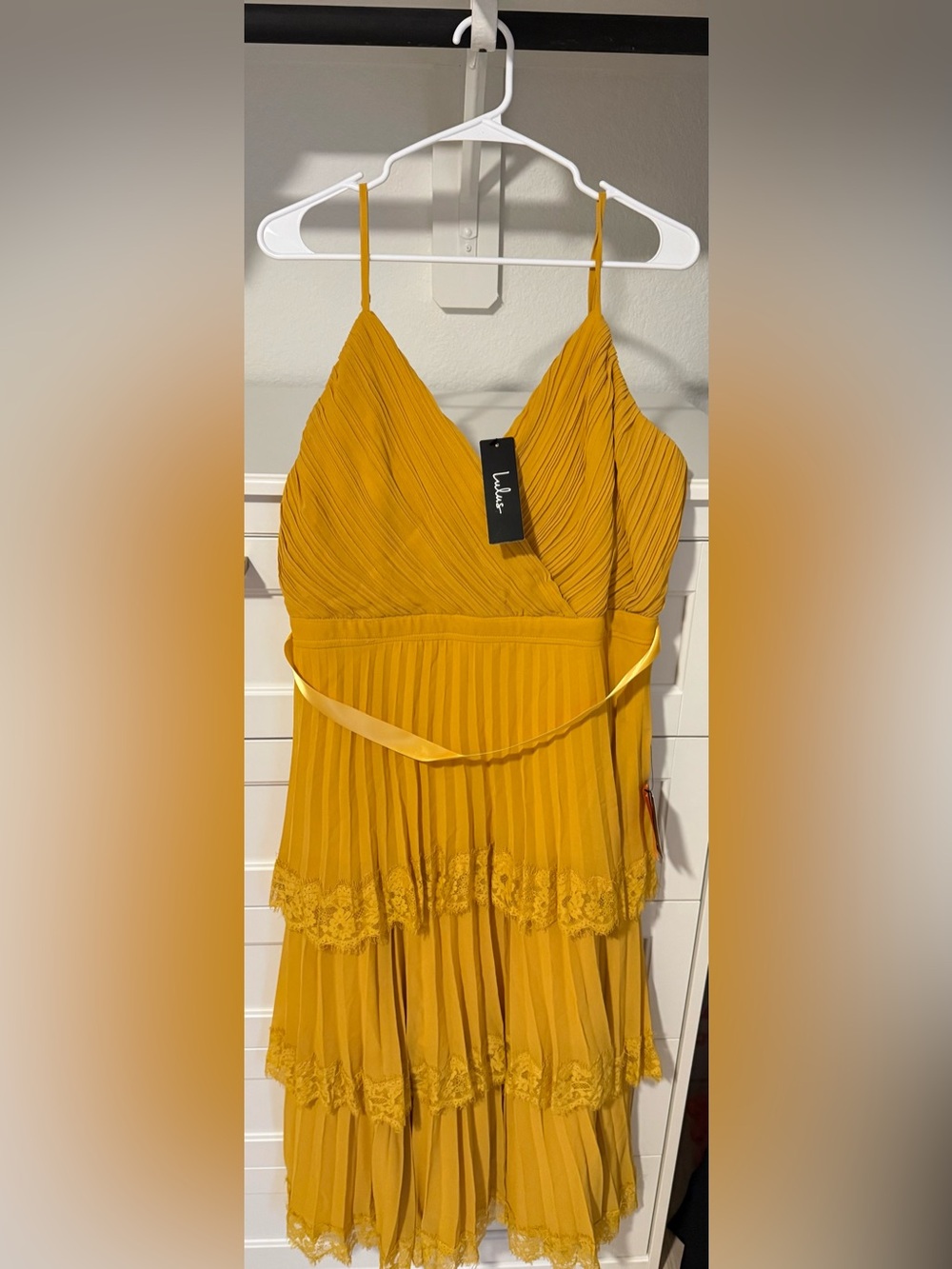 Lulu's Mustard Pleated Lace-Trim V-Neck Midi Dress